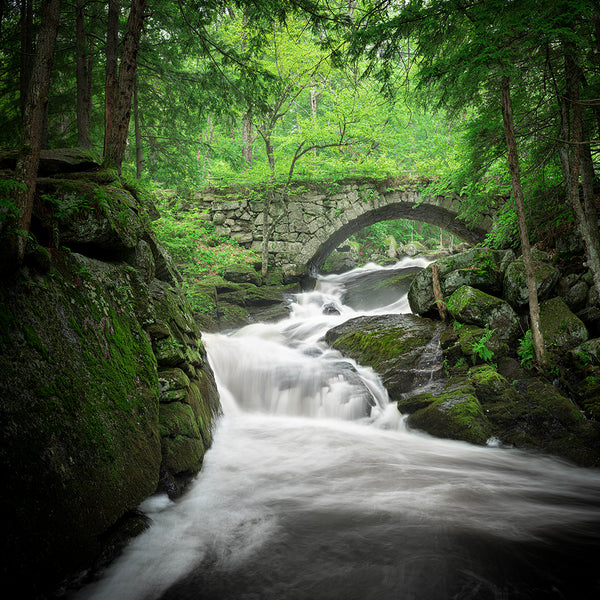 Gleason Falls waterfall and stone bridge in Hillsborough, New Hampshire